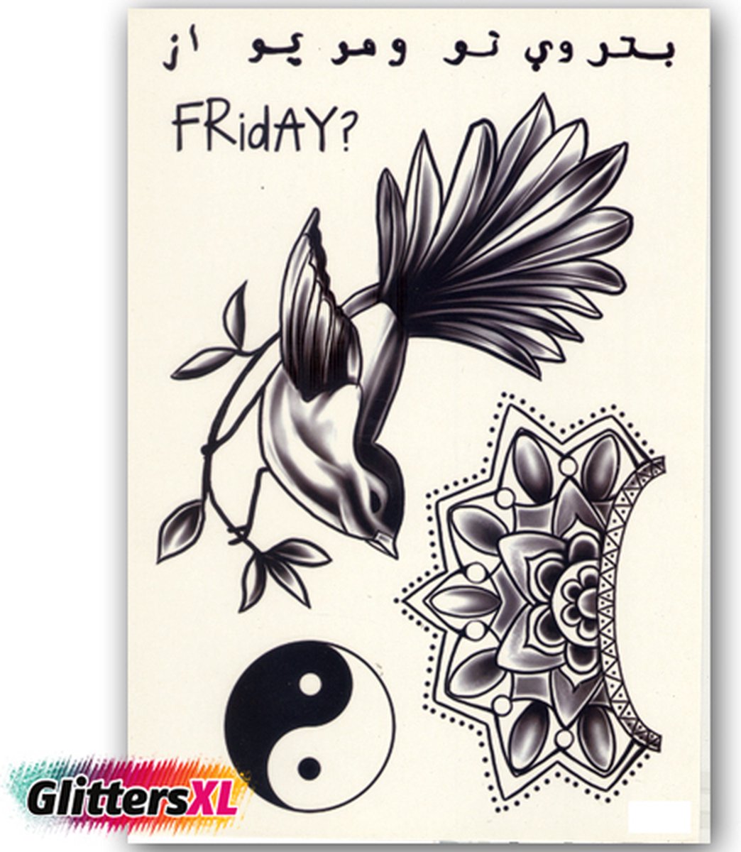 GlittersXL - Temporary Tattoo Vogel/Yin en Yang (A5 formaat) [Neptattoo - Tijdelijke tatoeage - Nep Fake Tattoos - Water overdraagbare festival sticker henna outfit tattoo - Glitter tattoo - Volwassenen Kinderen Jongen Meisje]